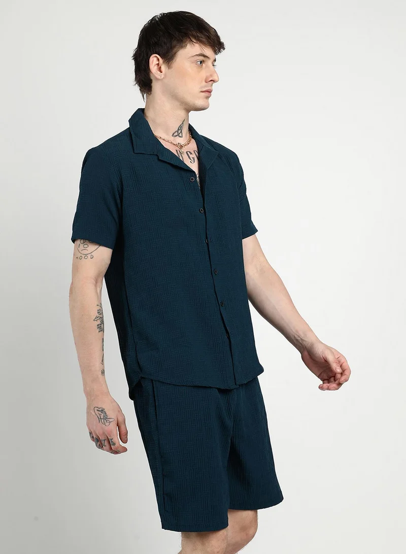 Campus Sutra  Men's Navy Blue Textured Interwine Co-Ord Set For Casual Wear | Cuban Collar | Short Sleeve | Button Closure | Co-Ords Crafted With Comfort Fit For Everyday Wear for Men | Best Price UAE